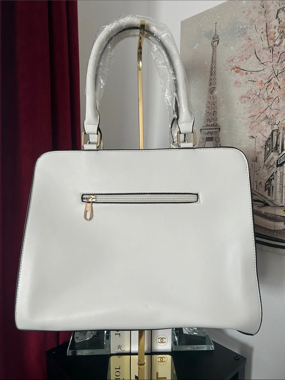 White Structured Tote Bag with Gold Accent
